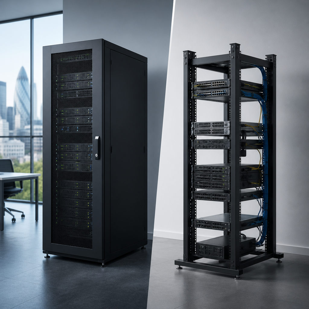 floor standing server cabinet vs open frame rack